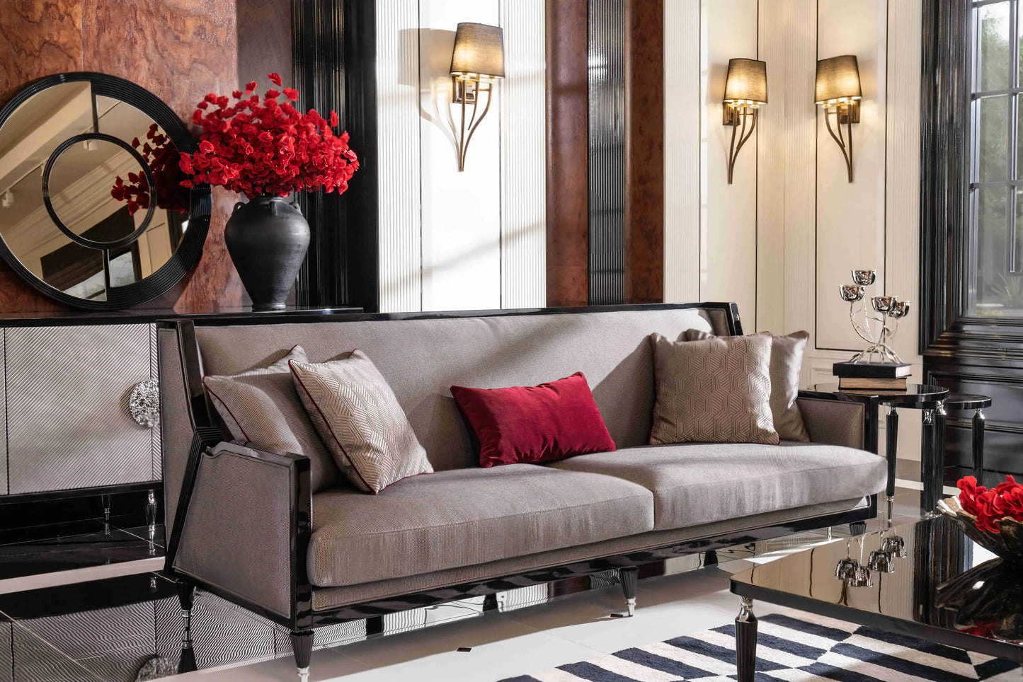 Close view of the four-seater wooden sofa, part of the Venedik Sofa Set, with nesting tables and a partial view of the coffee table. Luxe Life Furniture.