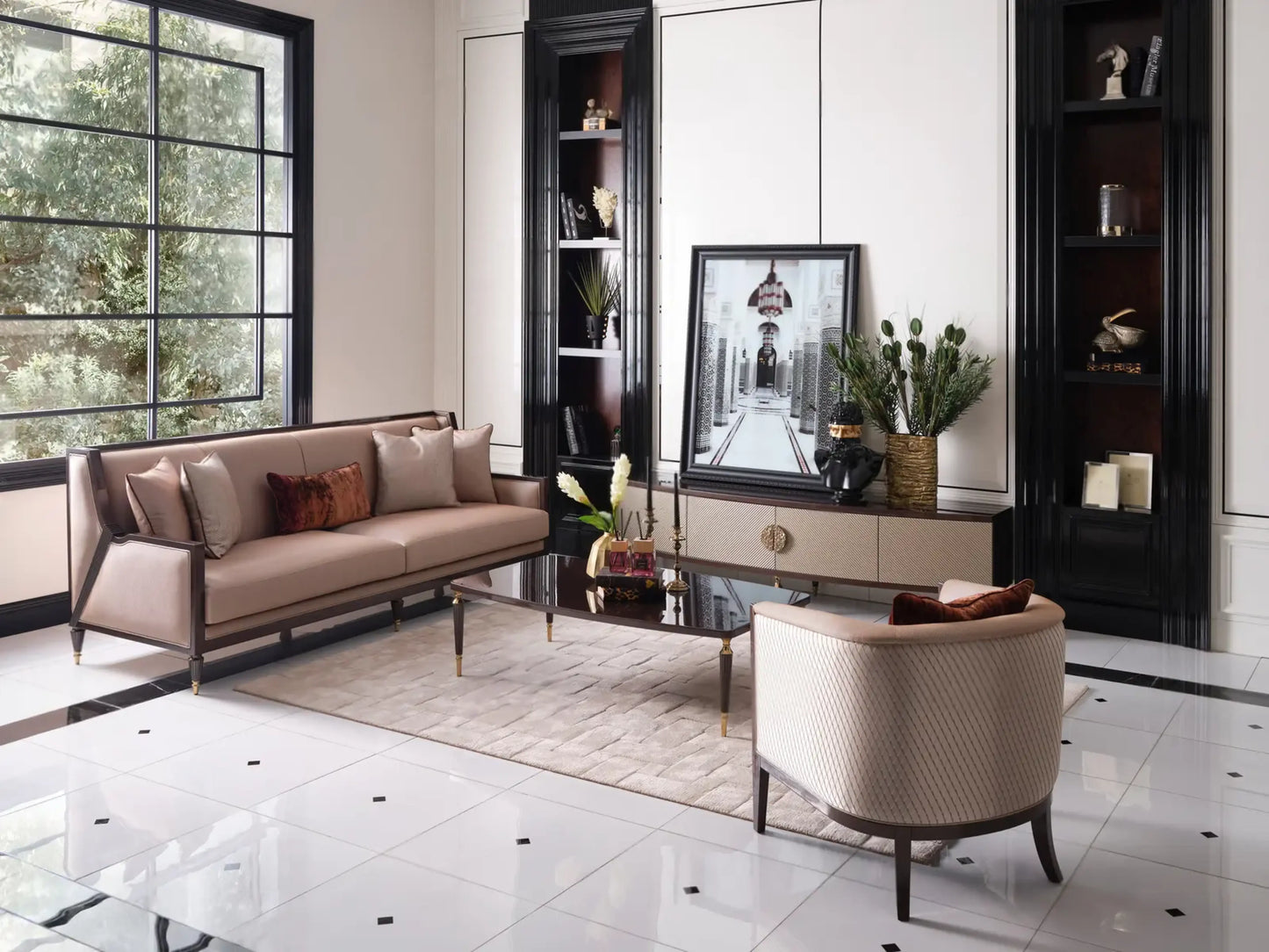 Venedik Sofa Set living room view featuring a four-seater wooden sofa, TV unit, coffee table, and armchair. Luxe Life Furniture.