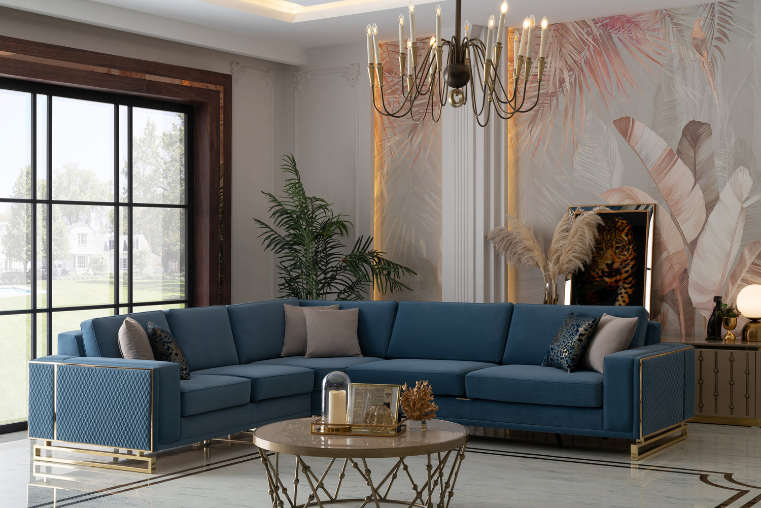 Plush velvet corner settee for luxury interior Plush velvet corner settee for luxury interior