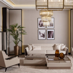 4-seater sofa, coffee table,nesting tables and arm chair  parts of the Galante Sofa Set in a living room setting. Luxe Life Furniture.