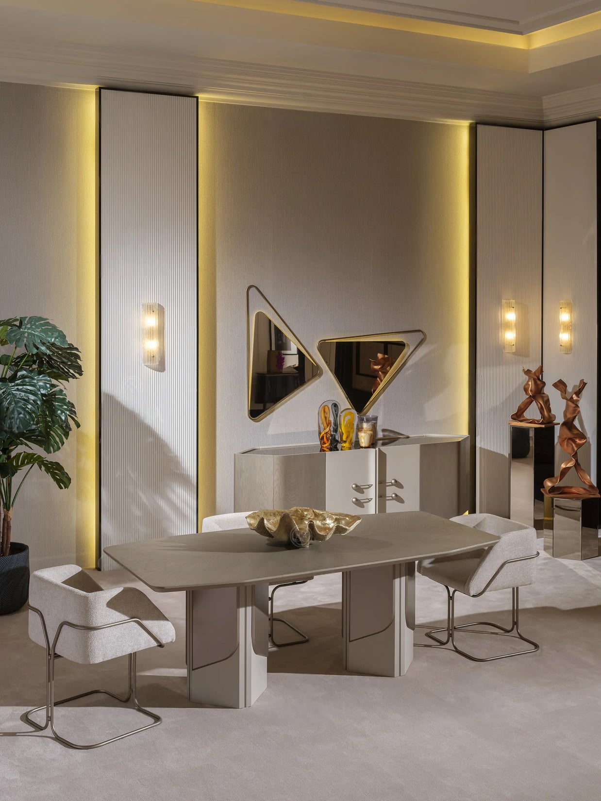 Beige modern dining chairs surrounding Ricamo table