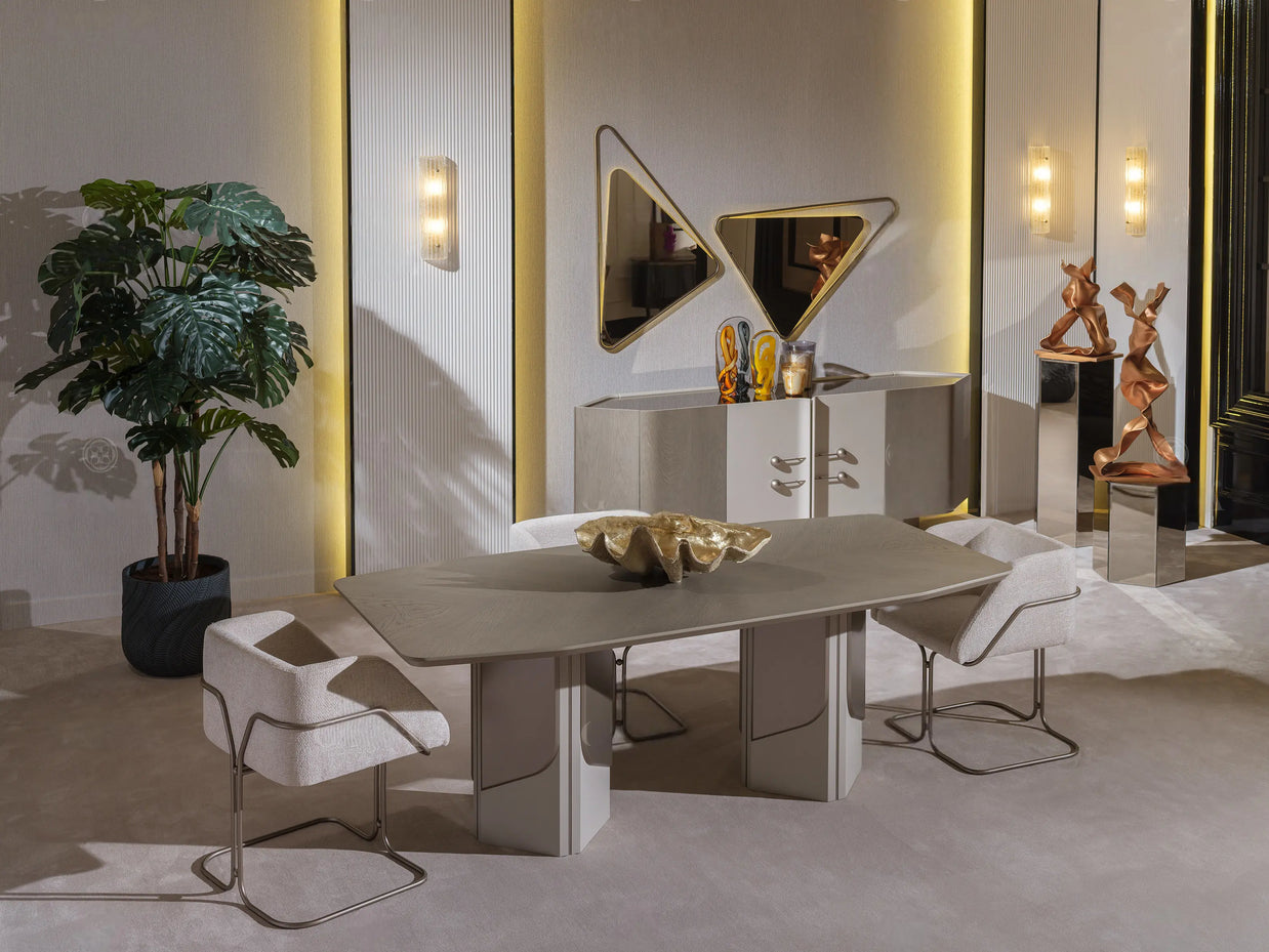 Elegant dining setup featuring beige furniture