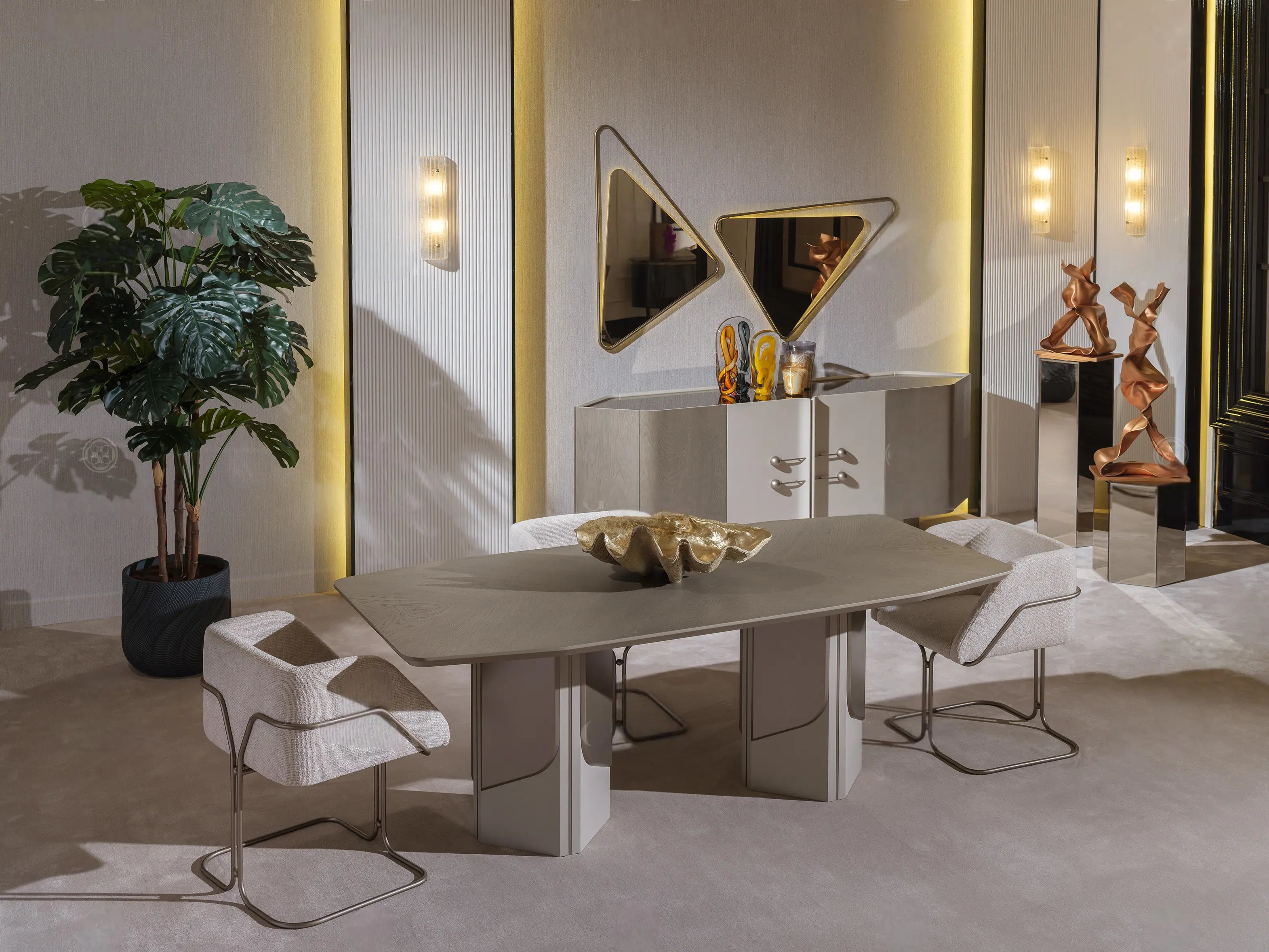 Elegant dining setup featuring beige furniture