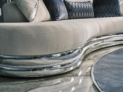Ferre curved 3 seater zoom up to show metla details and fabrics