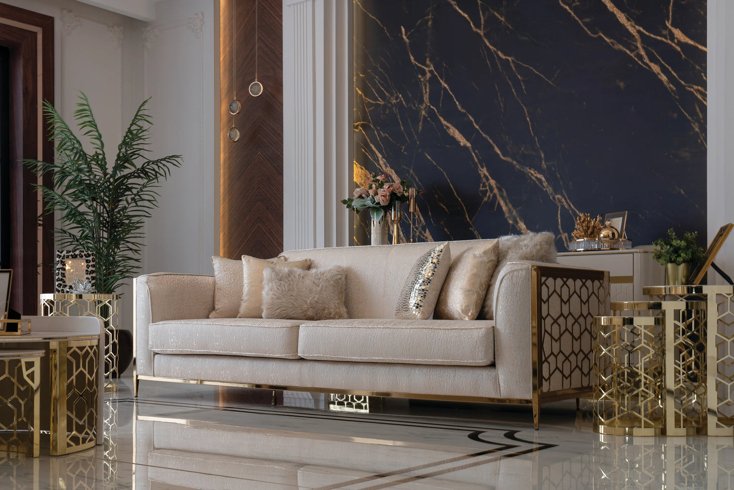 Flamingo cream 2-seater sofa, part of the Flamingo Sofa Set, with gold metal. Luxe Life Furniture.