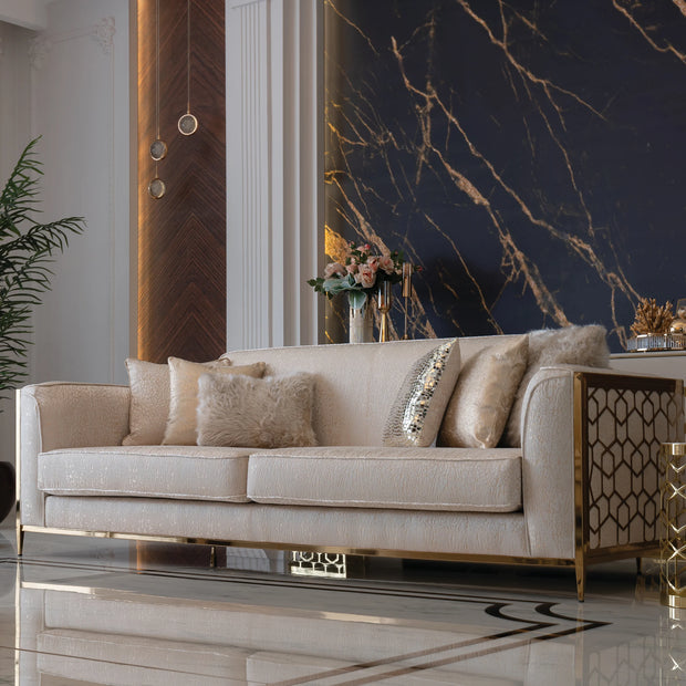 Flamingo cream 2-seater sofa, part of the Flamingo Sofa Set, with gold metal. Luxe Life Furniture.