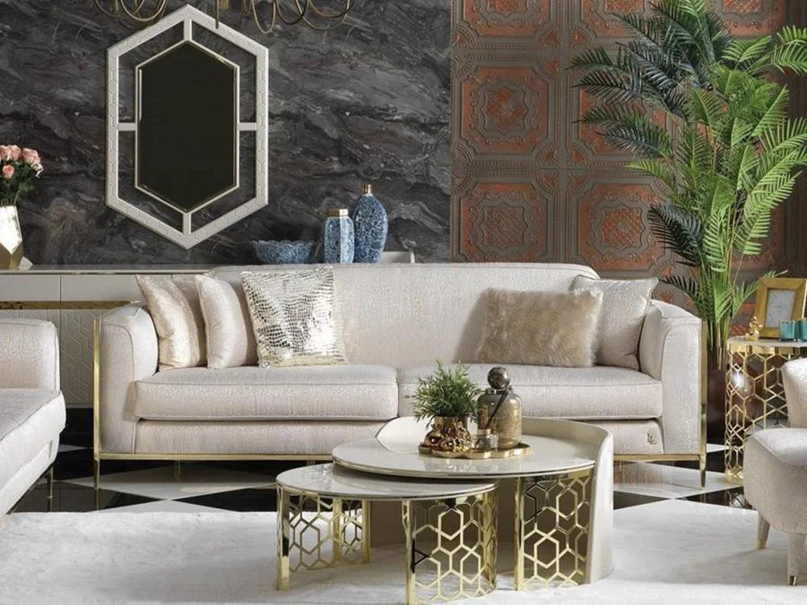 Flamingo cream 3-seater sofa, part of the Flamingo Sofa Set, with plush cushions. Luxe Life Furniture.