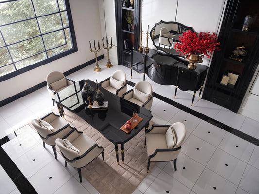 Monaco Dining Table - Modern luxury with glossy wood top and metal base, available in two sizes, seats 6-10 comfortably.