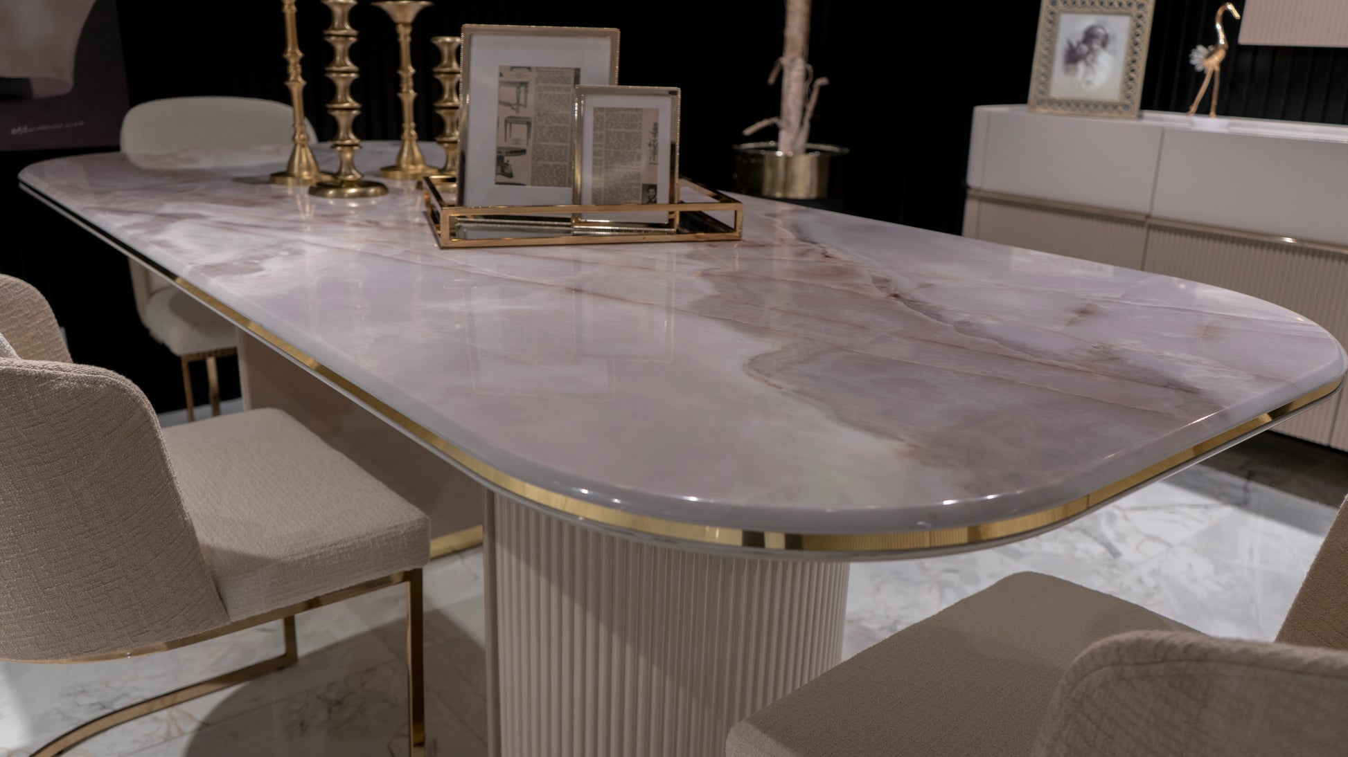 Luxurious Dining: Oscar Table Seats 6 Comfortably. Shop Luxe Life Furniture!