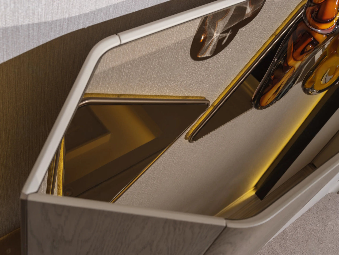 close-up for Ricamo sideboard showing the top glass surface