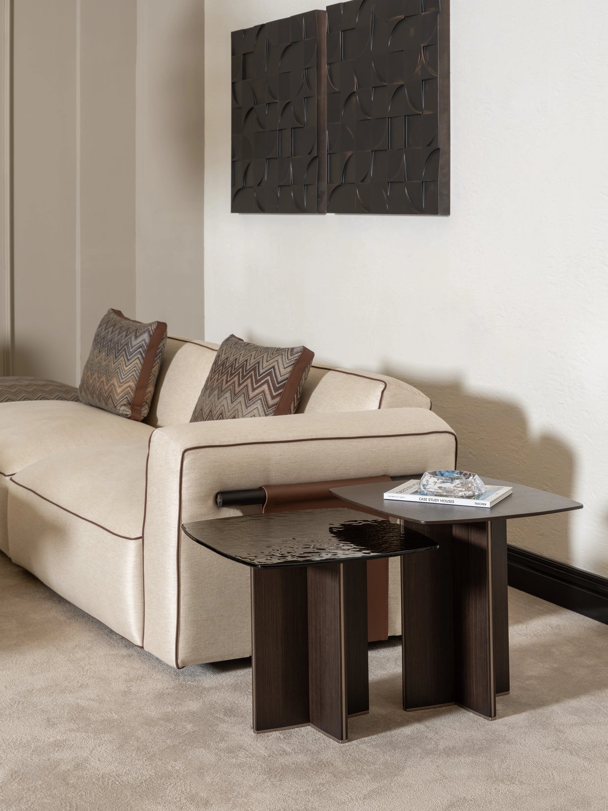 Side view of the sofa showing the side table beside it 