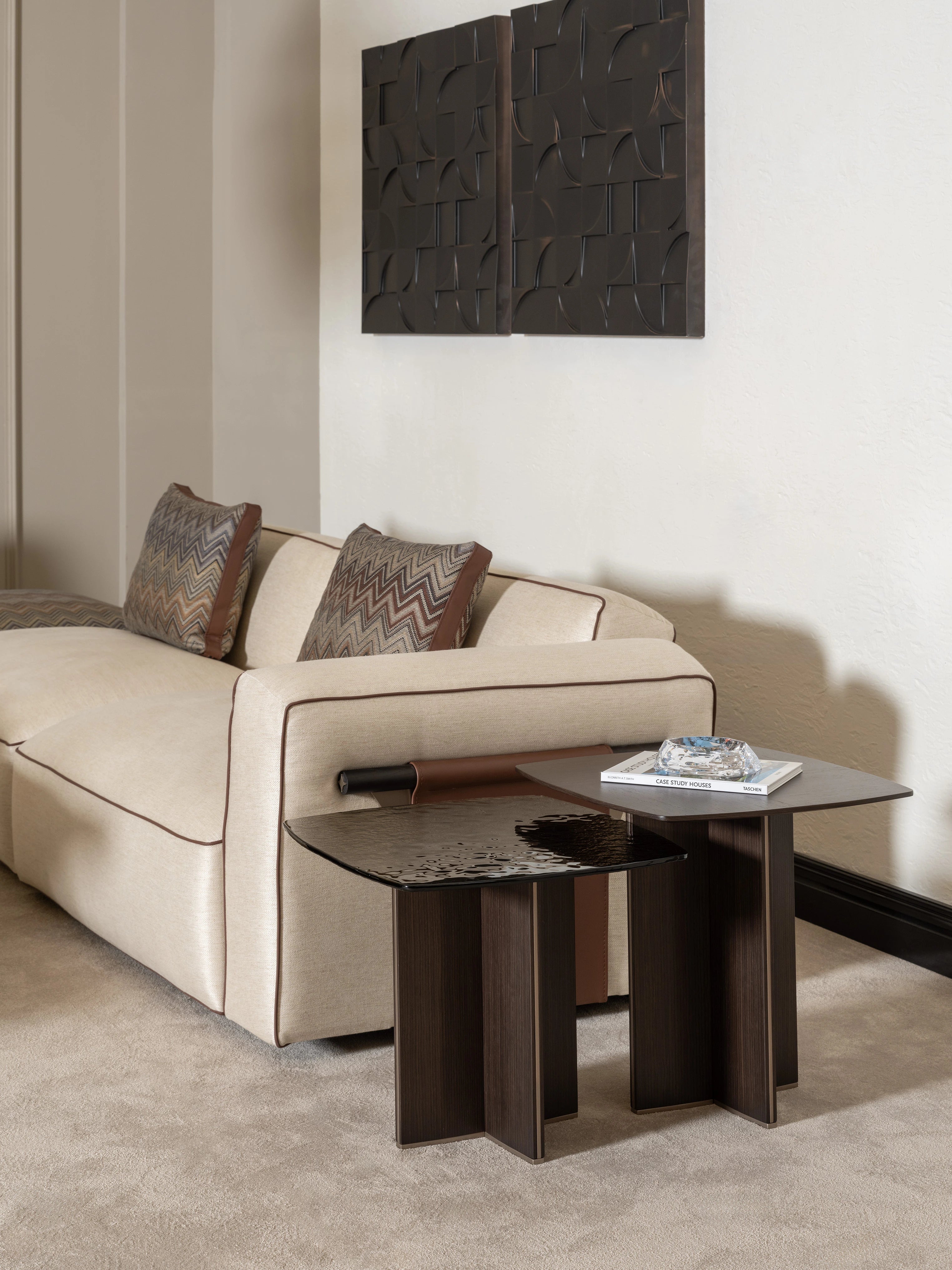 Side view of the sofa showing the side table beside it 
