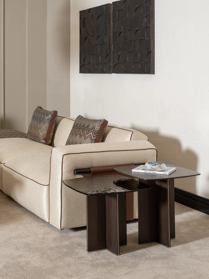 Side view of the sofa showing the side table beside it 