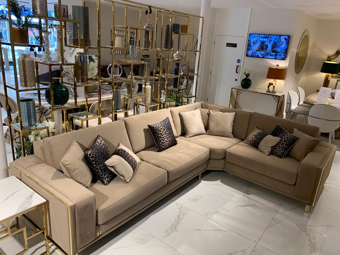 Uluda Beige Corner Sofabed with Gold Frame – Front View