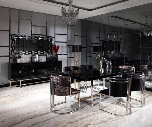 Belgrad dining table with black wood top and silver base