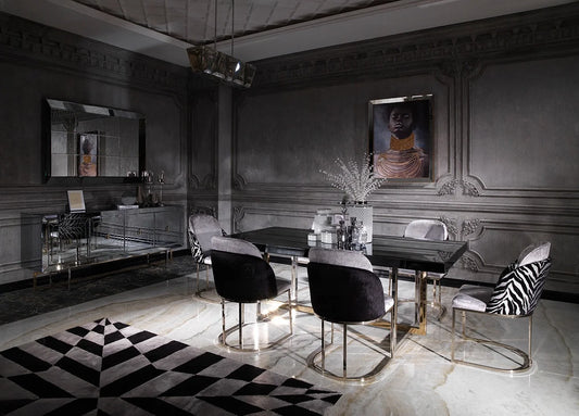 Belgrad dining table with black wood top and silver base