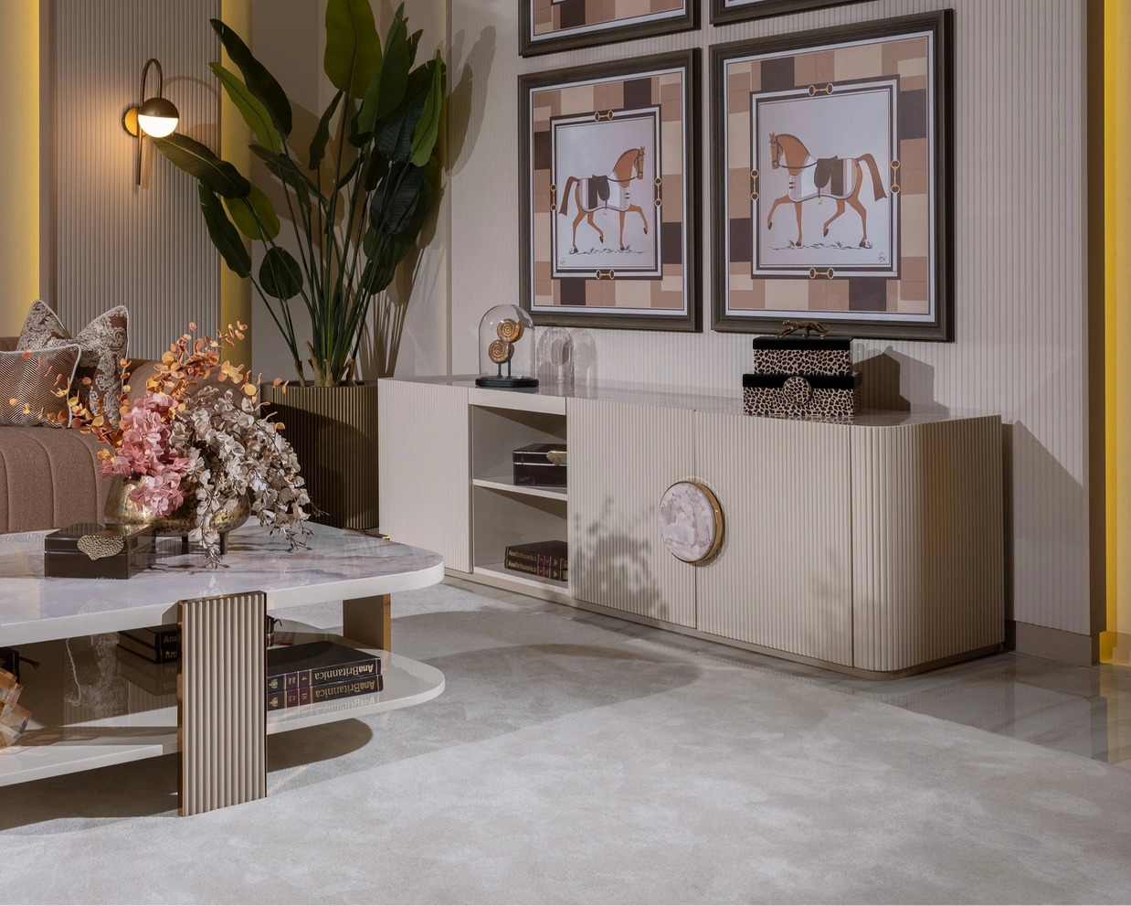 Belezza TV stand with storage styled in a neutral luxury living room