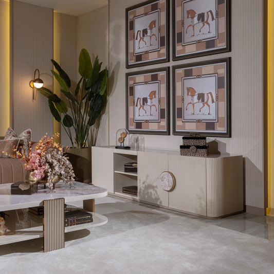 Belezza TV stand with storage styled in a neutral luxury living room