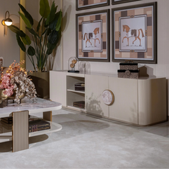 Belezza TV stand with storage styled in a neutral luxury living room
