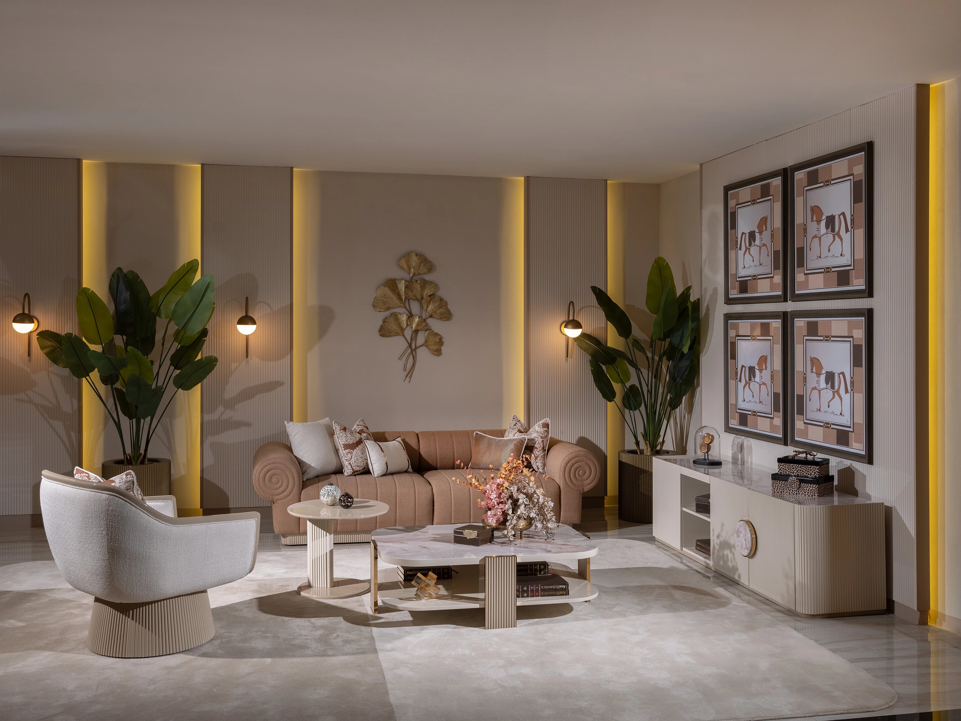 Full-room view featuring matching marble TV Stand and coffee table 