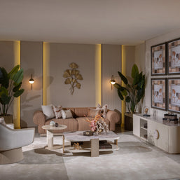 Full-room view featuring matching marble TV Stand and coffee table 