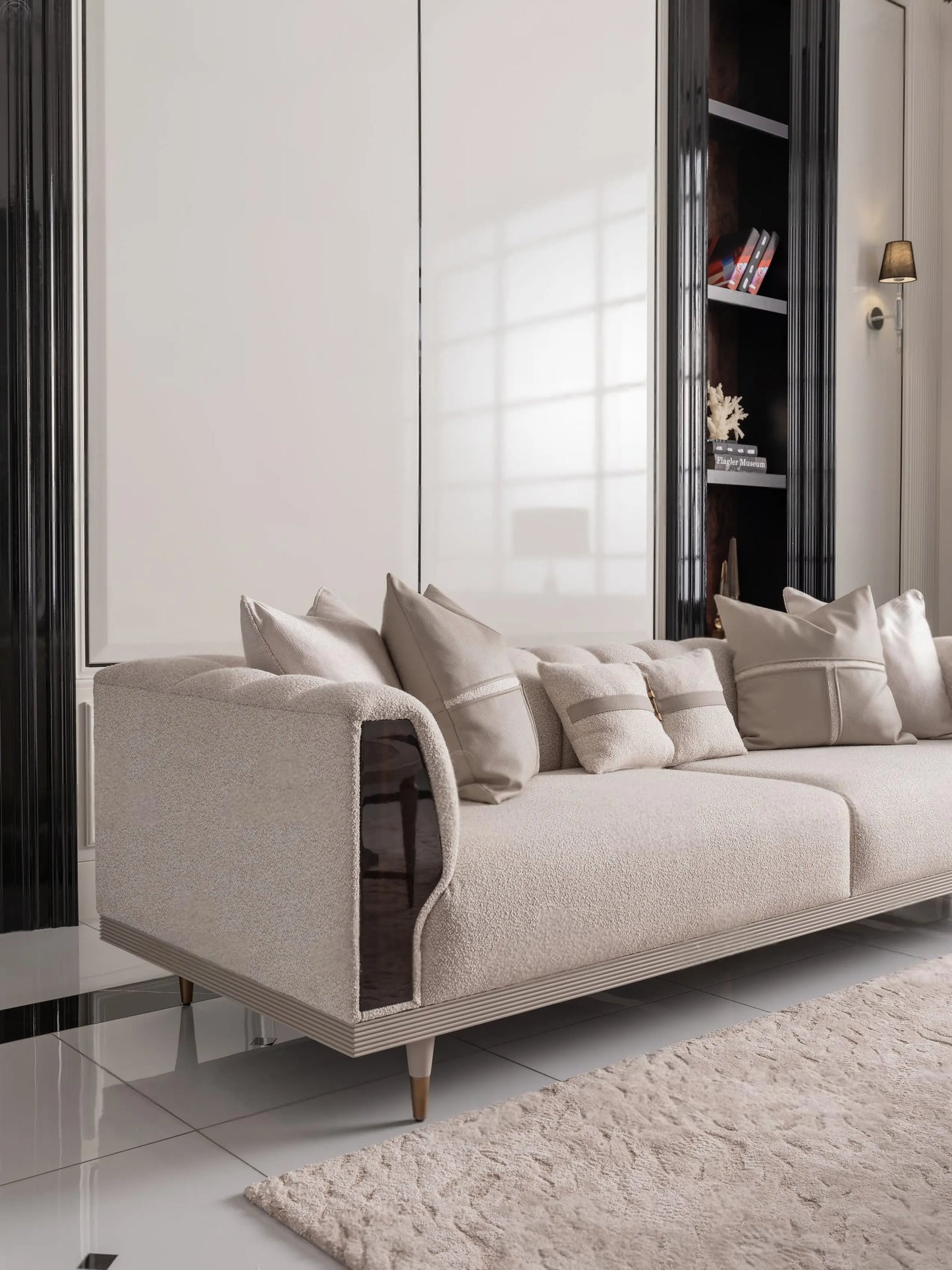 4 Seater Sofa with Leather Upholstery Side part view, part of the Ecrue Sofa Set, showcasing premium craftsmanship. Luxe Life Furniture.