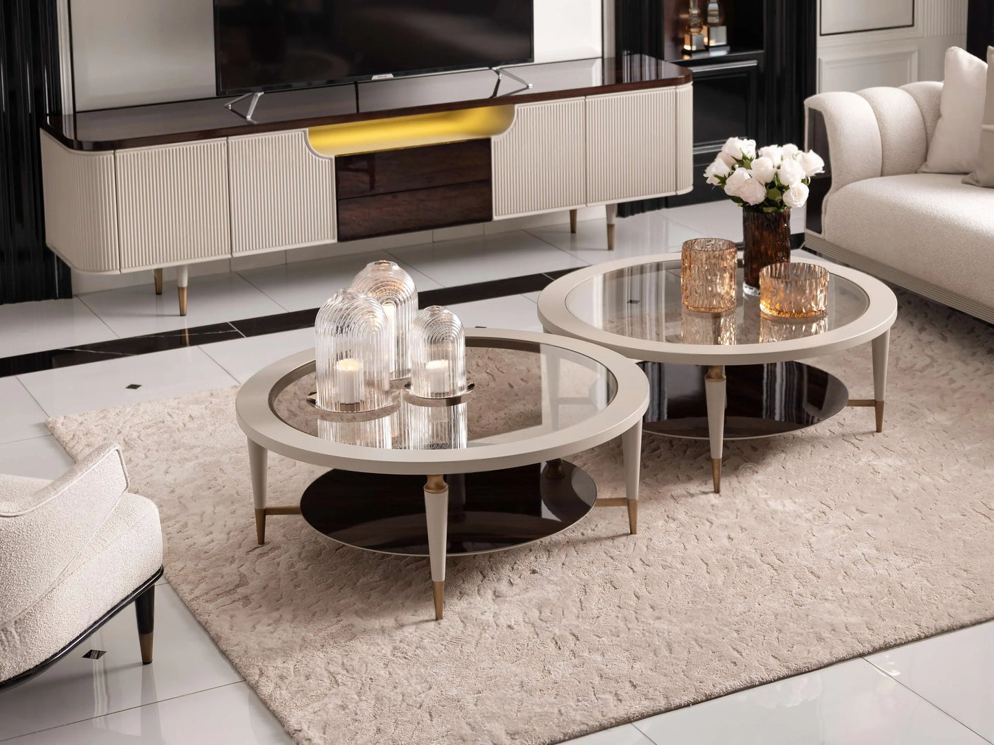 Coffee Table, part of the Ecrue Sofa Set, with a minimalist design and top glass surface. Luxe Life Furniture.