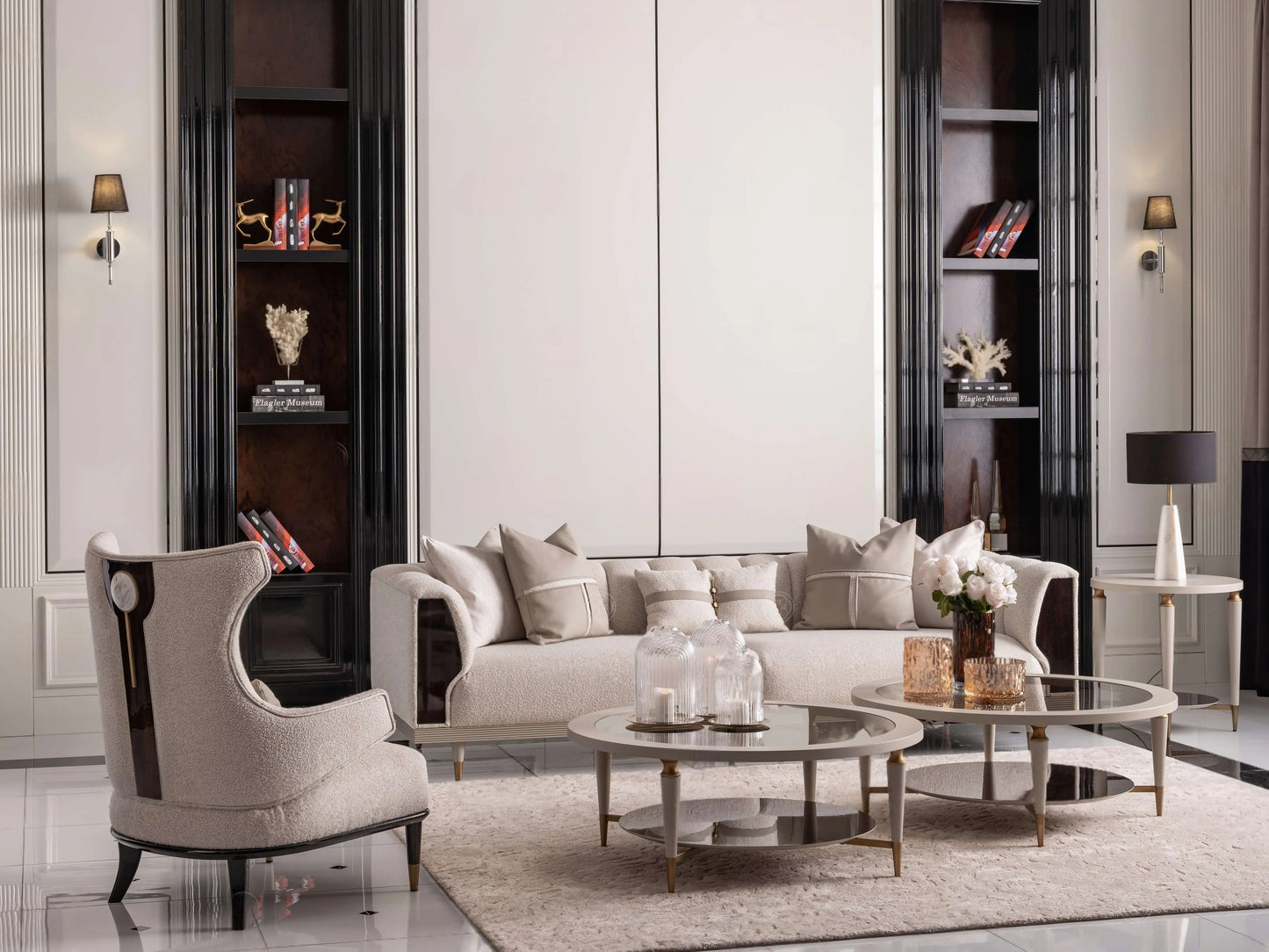 Ecrue Sofa Set featuring a 4 Seater Luxe Sofa, 4 Seater with Leather Upholstery, Elegant Armchair, Coffee Table, and Side Table in a modern living room setting. Luxe Life Furniture