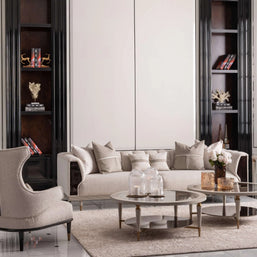 Ecrue Sofa Set featuring a 4 Seater Luxe Sofa, 4 Seater with Leather Upholstery, Elegant Armchair, Coffee Table, and Side Table in a modern living room setting. Luxe Life Furniture