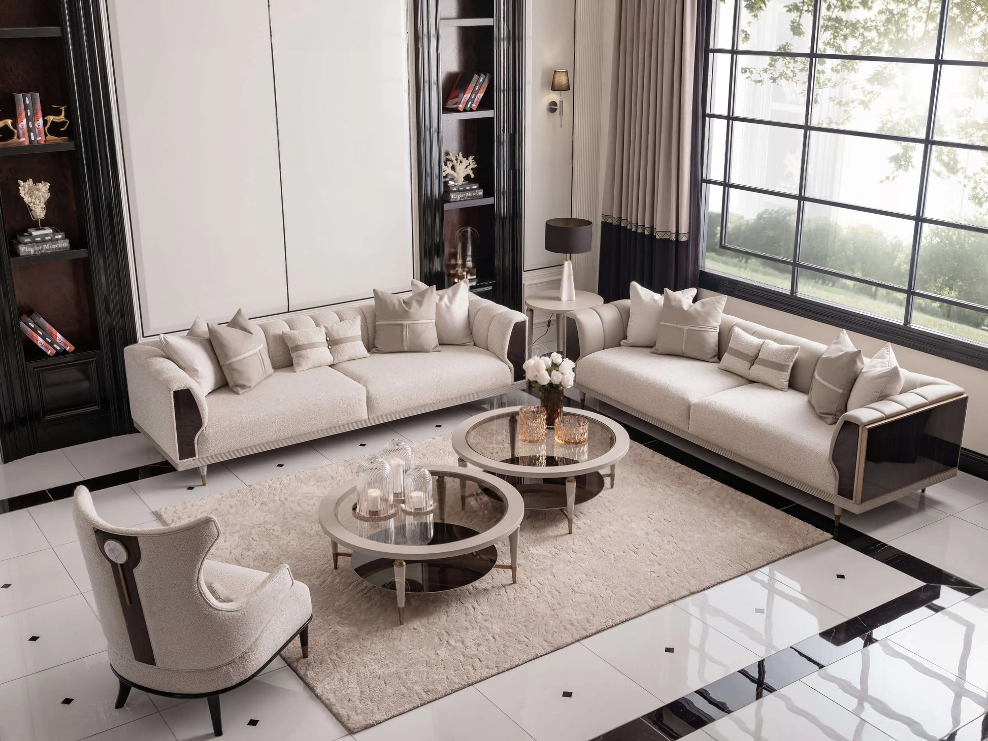 Ecrue Sofa Set featuring a 4 Seater Luxe Sofa, 4 Seater with Leather Upholstery, Elegant Armchair, Coffee Table, and Side Table in a modern living room setting. Luxe Life Furniture.