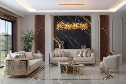 Flamingo 3 seater cream sofa with gold legs in luxury room