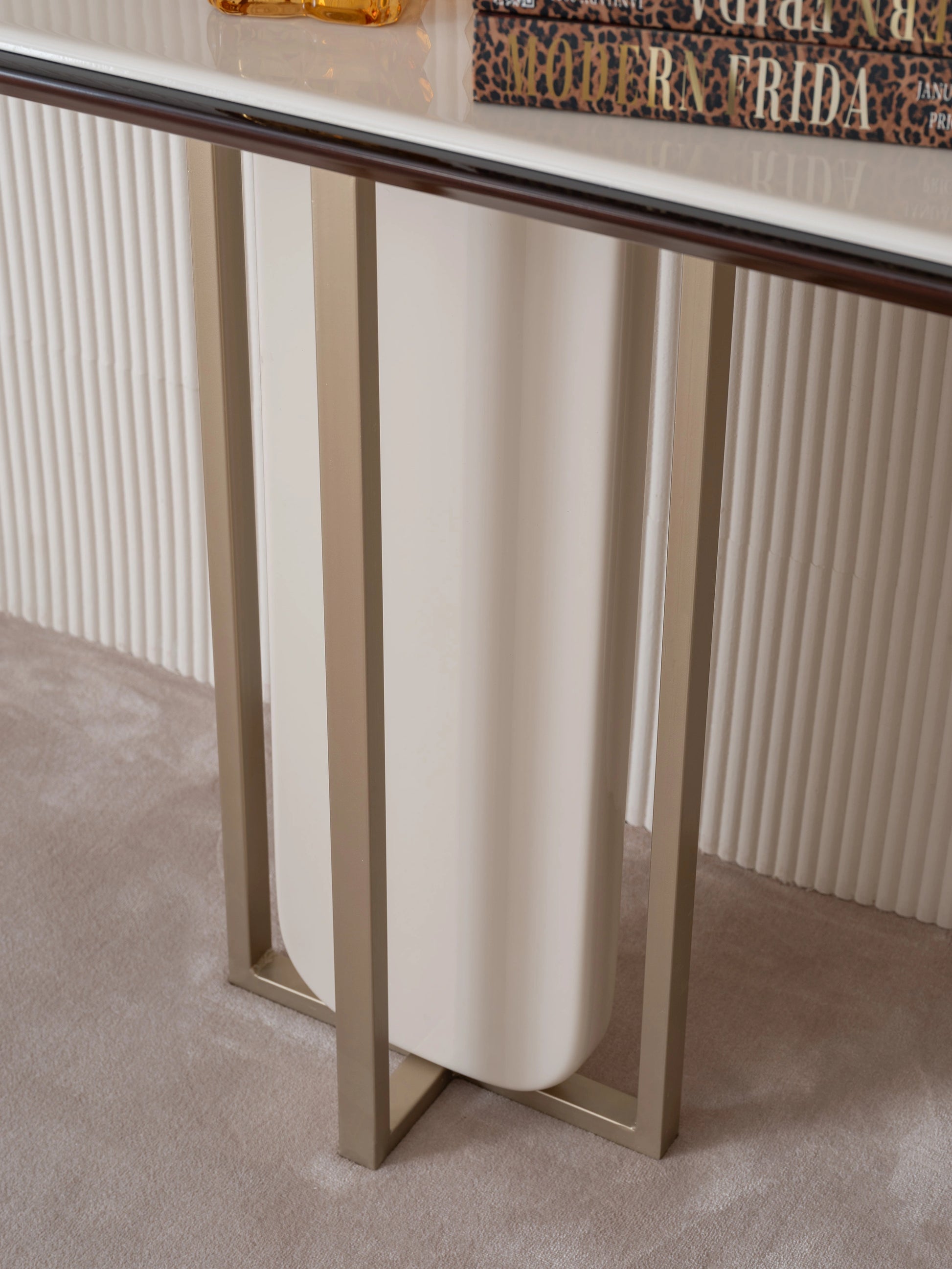 Minimalist Florance console table  close up view ,with lacquer finish and metal frame