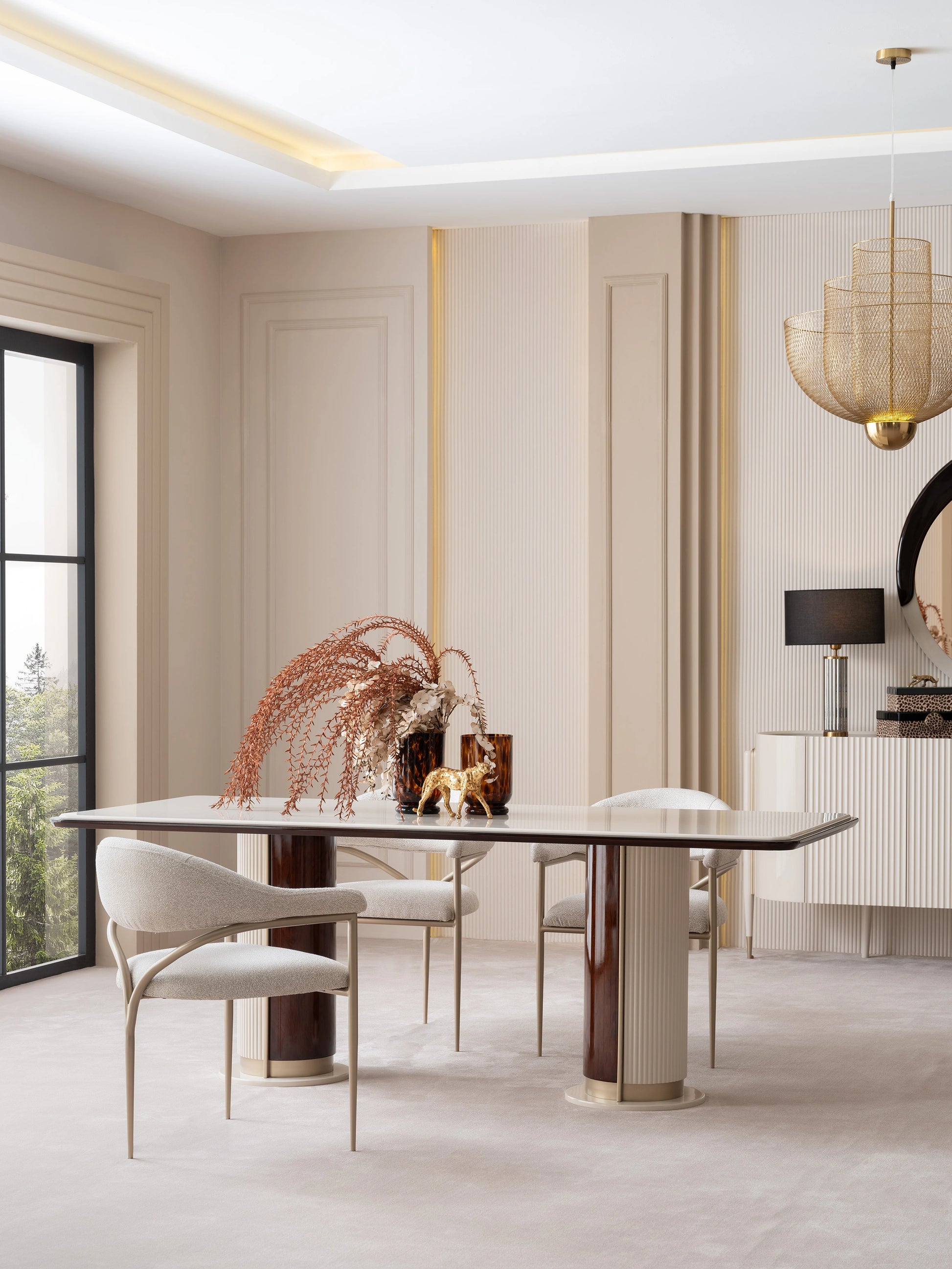 Close-up of glossy Florance dining table with reflective finish