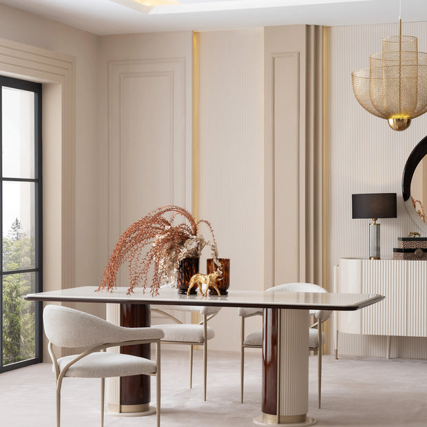 Close-up of glossy Florance dining table with reflective finish