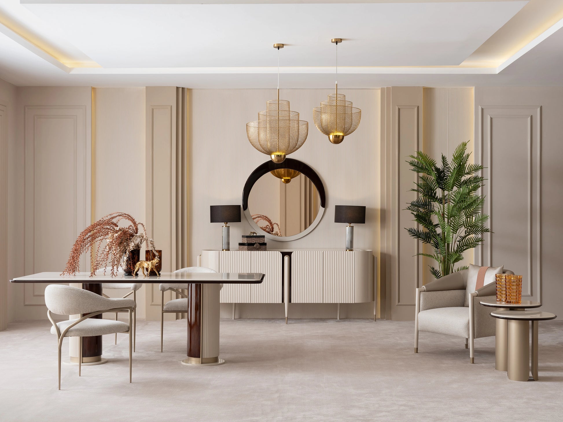 Reflective dining table surface showing quality craftsmanship, also sideboard with mirror