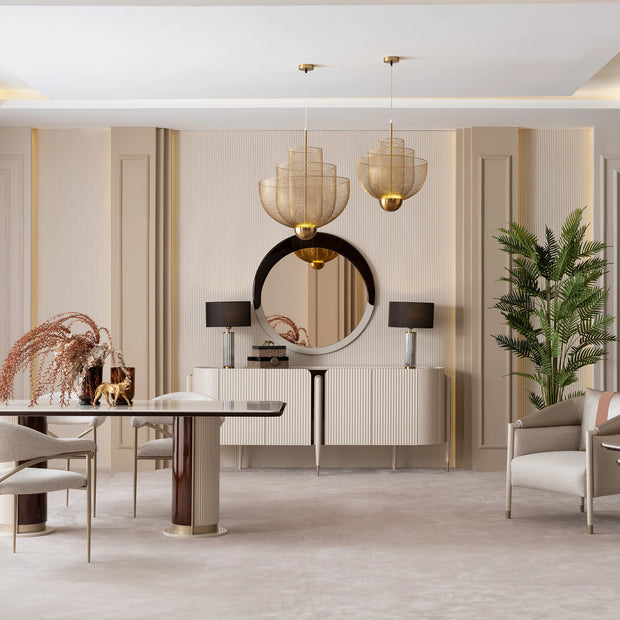 Reflective dining table surface showing quality craftsmanship, also sideboard with mirror