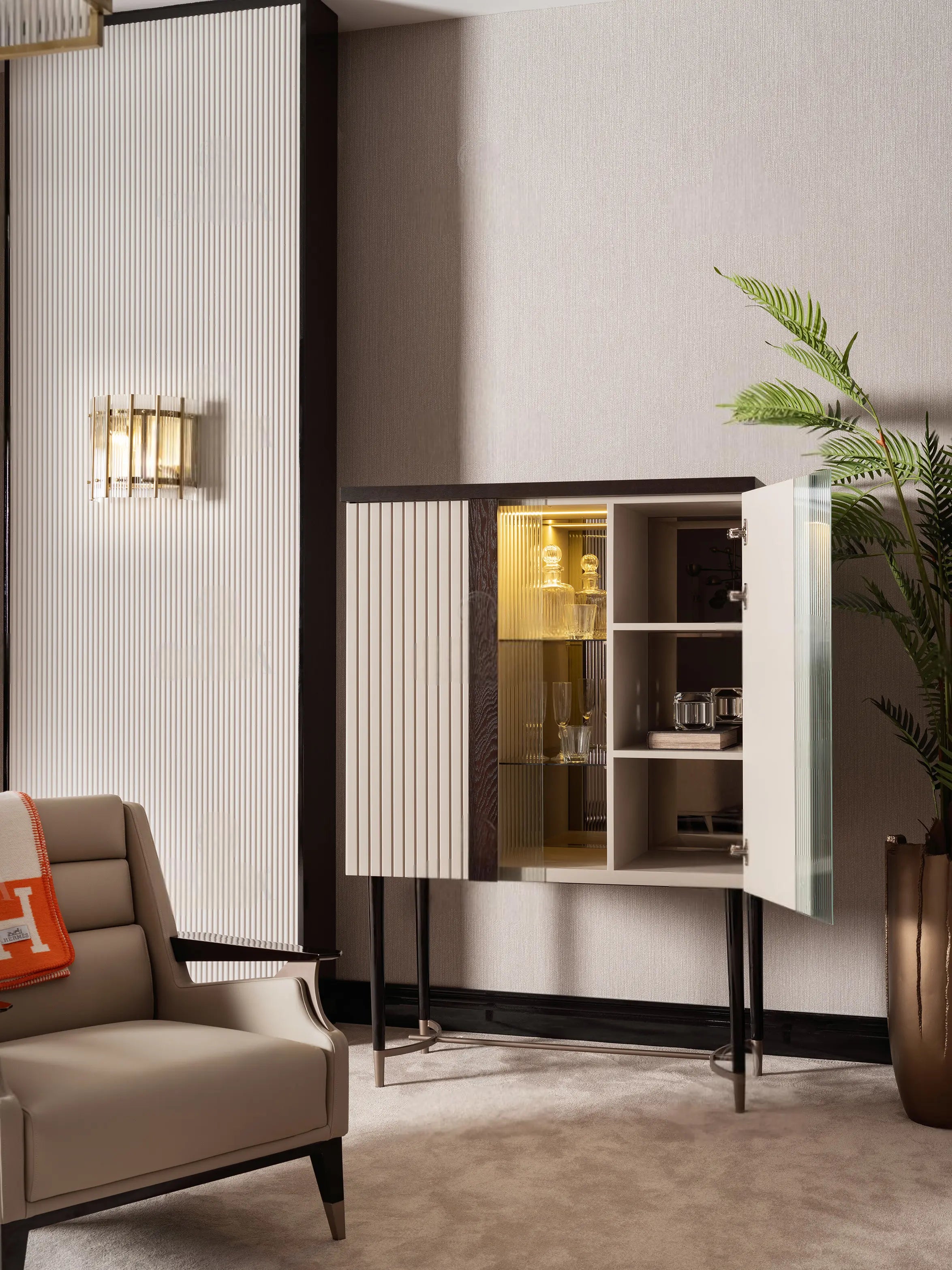 Galante Bar Unit showing the storage, part of the Galante Dining Set, home bar storage. Luxe Life Furniture.