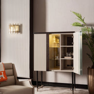 Galante Bar Unit showing the storage, part of the Galante Dining Set, home bar storage. Luxe Life Furniture.