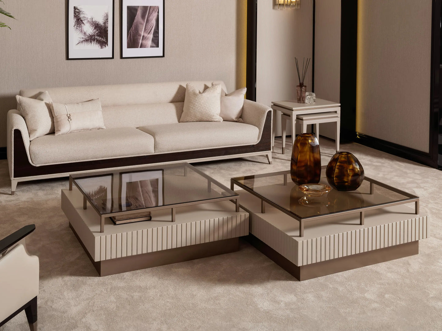 Galante Coffee Table, part of the Galante Sofa Set, in front of sofa. Luxe Life Furniture.