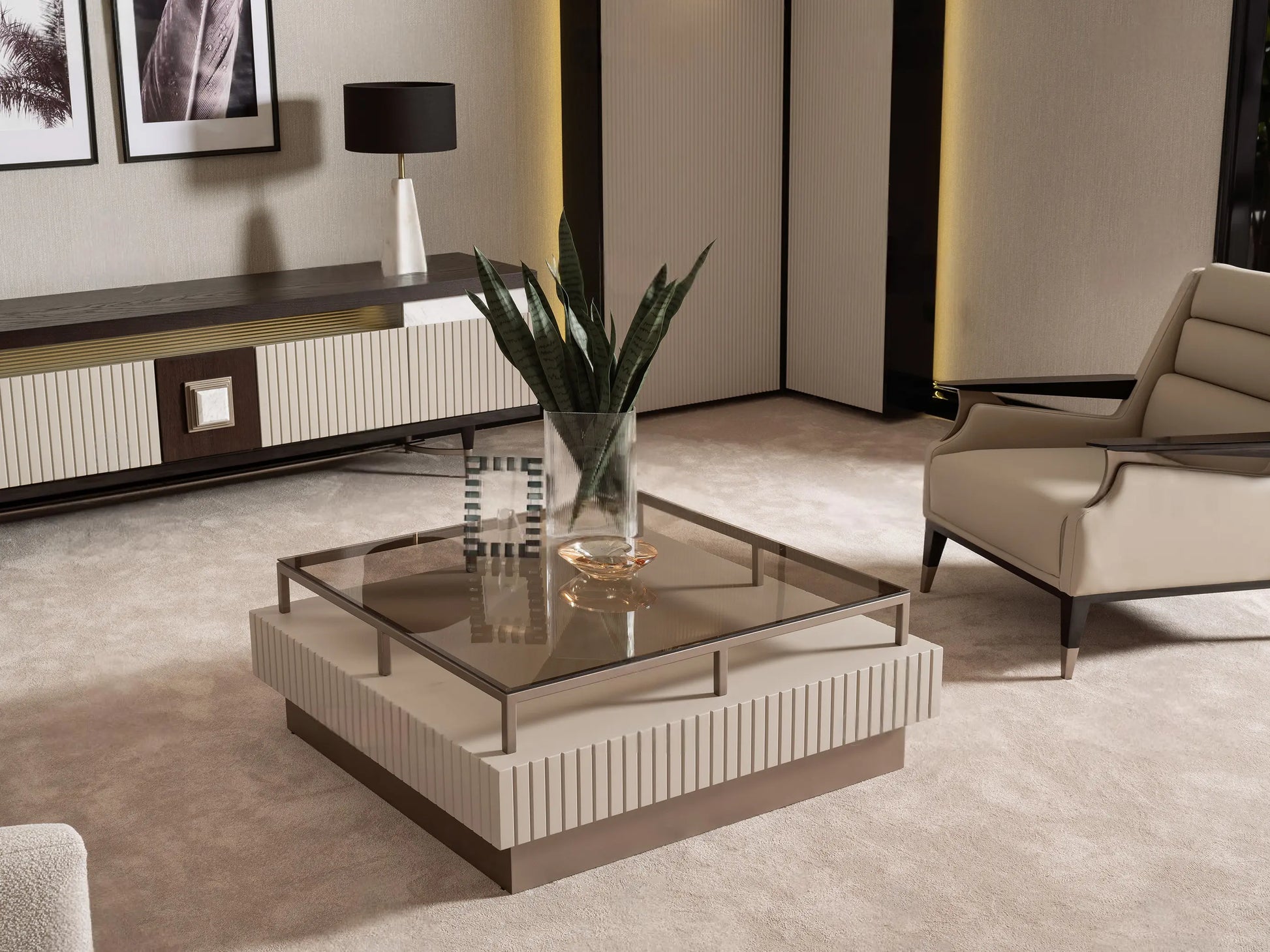 Galante Coffee Table, part of the Galante Sofa Set, in front of sofa. Luxe Life Furniture.