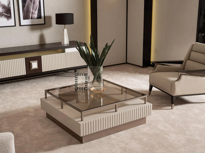 Galante Coffee Table, part of the Galante Sofa Set, in front of sofa. Luxe Life Furniture.