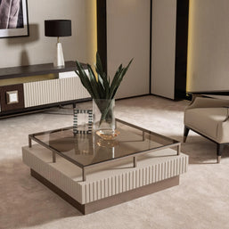 Galante Coffee Table, part of the Galante Sofa Set, in front of sofa. Luxe Life Furniture.