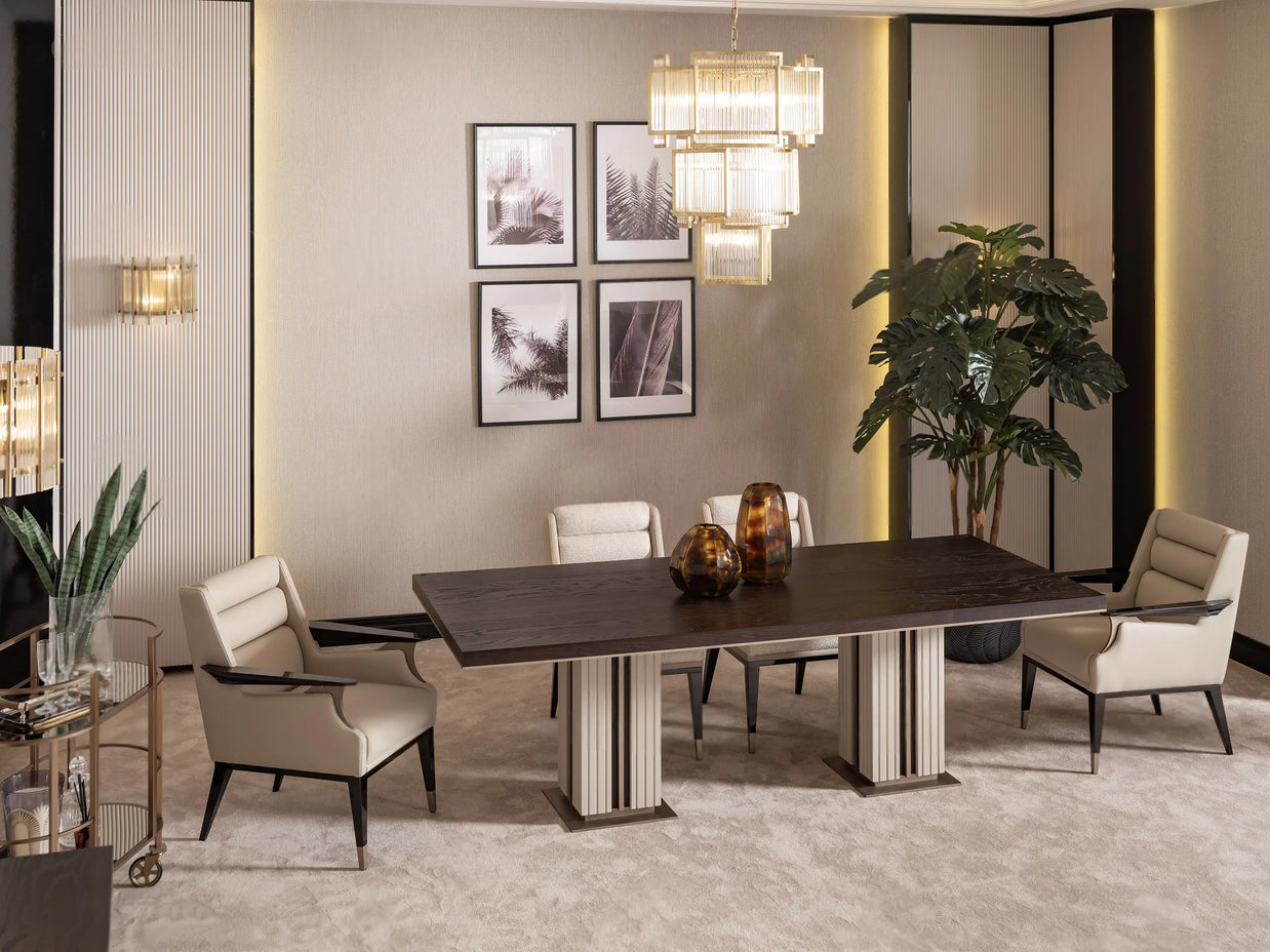 Galante Dining Table, part of the Galante Dining Set, full view from top and side. Luxe Life Furniture.