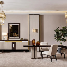 Galante Sideboard with Mirror with dining table and chairs, part of the Galante Dining Set, storage and mirror. Luxe Life Furniture.