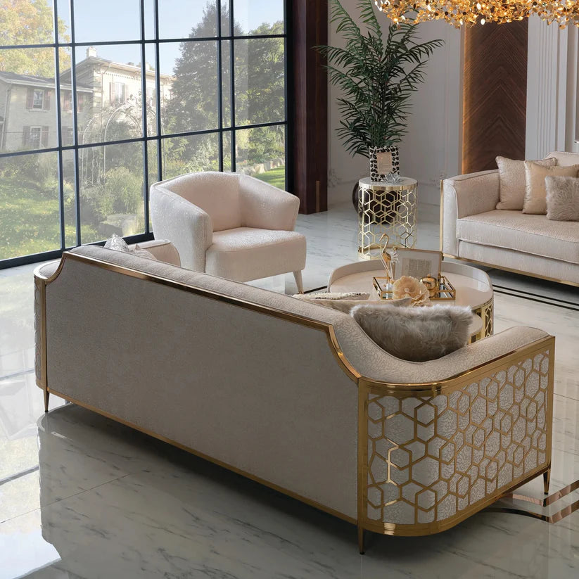 Cream sofa back view with  gold metal frame detail