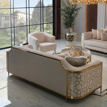 Cream sofa back view with  gold metal frame detail