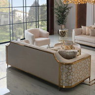 Cream sofa back view with  gold metal frame detail