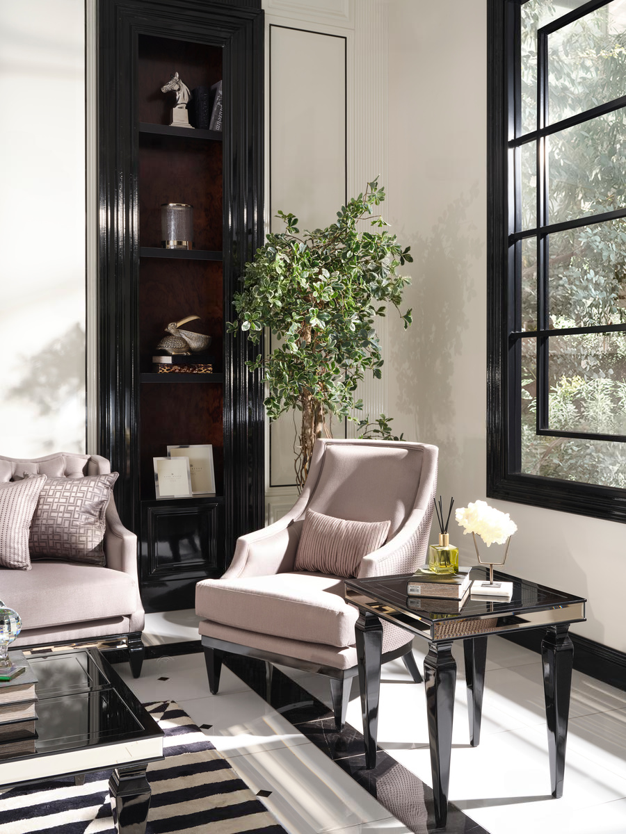 Armchair with Side Table from the Havana Sitting Room Furniture Set, featuring a partial view of the sofa in a stylish living room. Luxe Life Furniture.