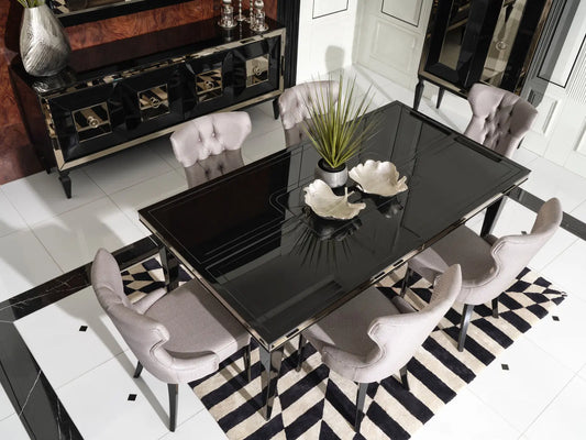 Dining table, 6 dining chairs, and sideboard from the Havana Dining Set, showcasing stylish design and functionality. Luxe Life Furniture. Dining table, 6 dining chairs, and sideboard from the Havana Dining Set, showcasing stylish design and functionality. Luxe Life Furniture.