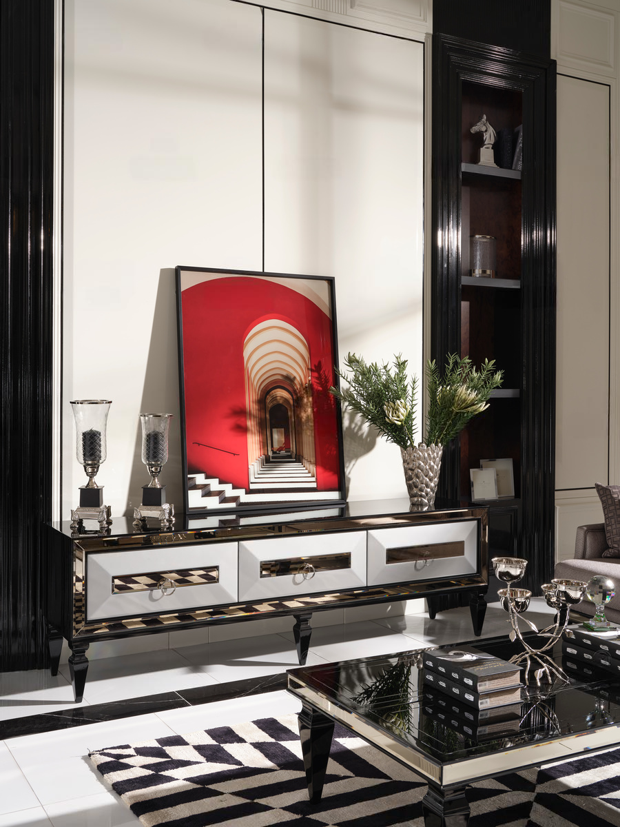 TV Unit from the Havana Sitting Room Furniture Set, with a partial view of the Coffee Table in a stylish living room. Luxe Life Furniture.